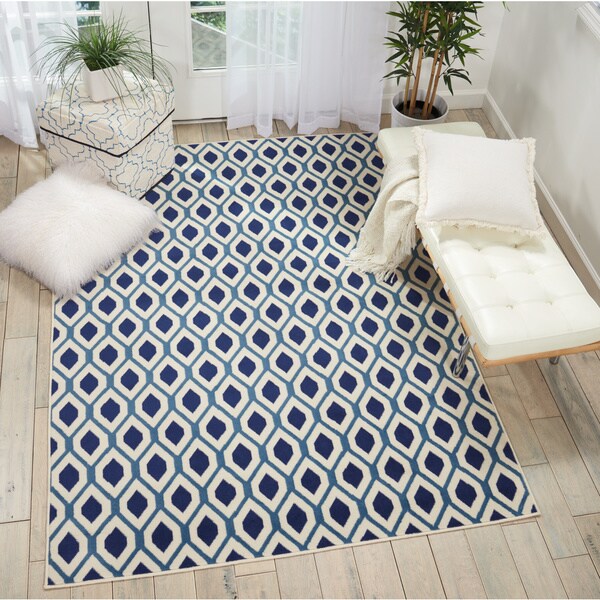 Shop Nourison Grafix Geometric White/Navy/Multicolored Area Rug 7'10" x 9'10" On Sale Free