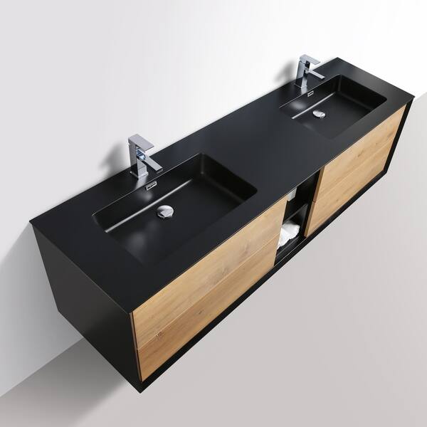 Eviva Vienna 75 Inch White Oak With Black Frame Wall Mount Double Sink Bathroom Vanity With Black Integrated Acrylic Top