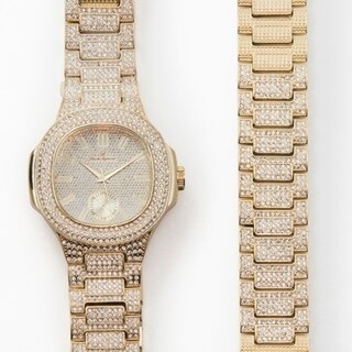 Bling-ed Out Oblong Case Metal Mens Watch w/ Matching Bling-ed Out Bracelet Gift Set