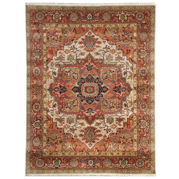 Handmade Herat Oriental Indo Hand-Knotted Serapi Wool Rug - 7'10 x 9'10 (India)