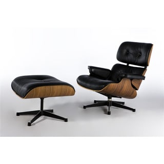 Eaze Black Faux Leather/ Wood Lounge Chair and Ottoman