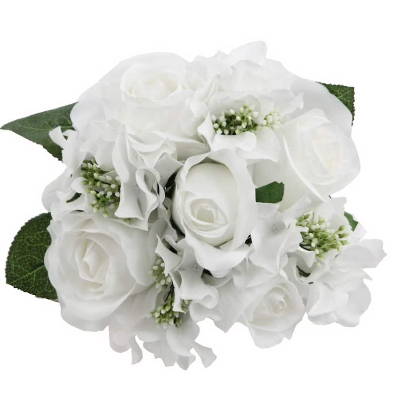 9-stem Faux Rose and Hydrangea Mixed Bouquet - N/A - GPB8359-WHITE