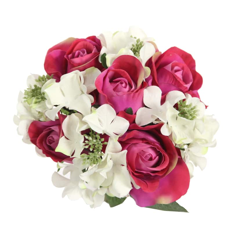 9-stem Faux Rose and Hydrangea Mixed Bouquet - N/A - GPB8359-FUCHSIA/CM