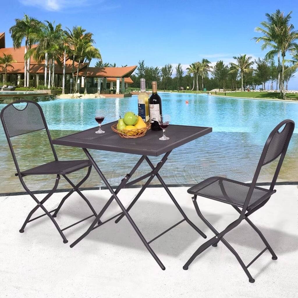 3PCS Outdoor Patio Bistro Furniture Set Steel Mesh Square Table