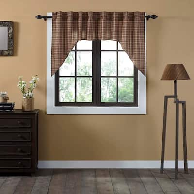 Tan Primitive Kitchen Curtains VHC Crosswoods Swag Pair Rod Pocket Cotton Plaid - Swag 36x36x16 - Swag 36x36x16