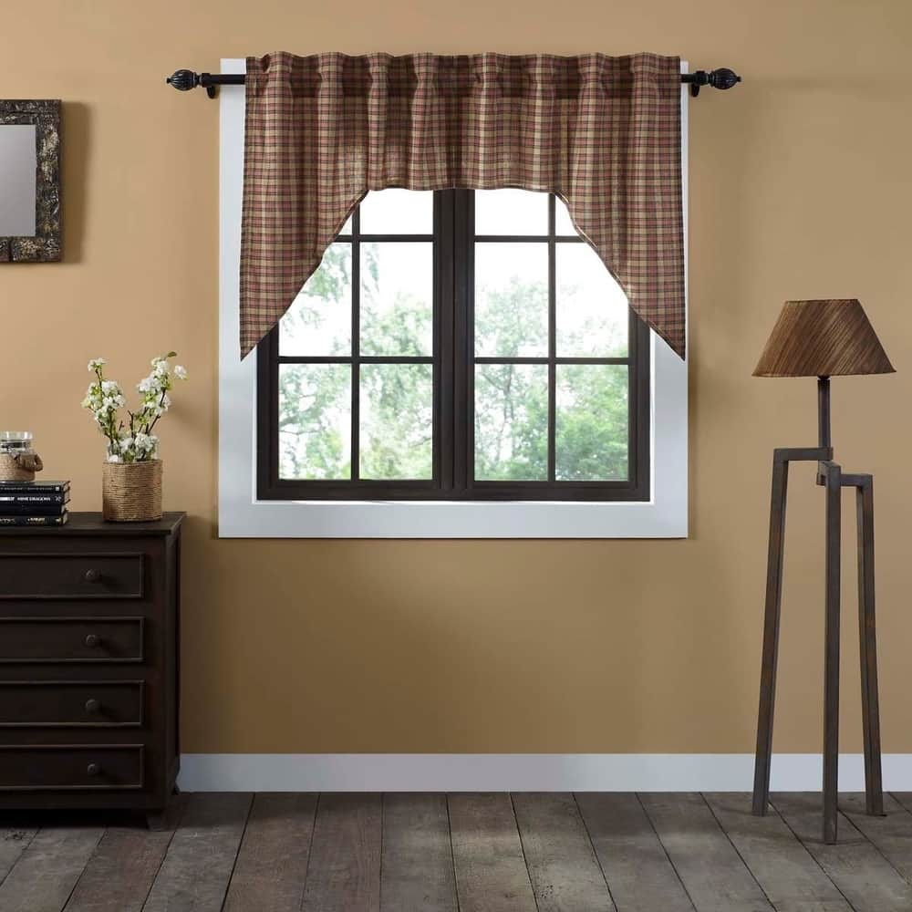 Tan Primitive Kitchen Curtains VHC Crosswoods Swag Pair Rod Pocket Cotton Plaid - Swag 36x36x16 - Swag 36x36x16