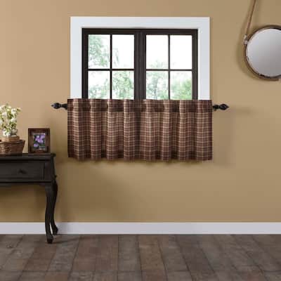 Tan Primitive Kitchen Curtains VHC Crosswoods Tier Pair Rod Pocket Cotton Plaid