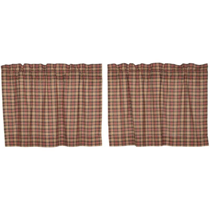 Tan Primitive Kitchen Curtains VHC Crosswoods Tier Pair Rod Pocket Cotton Plaid