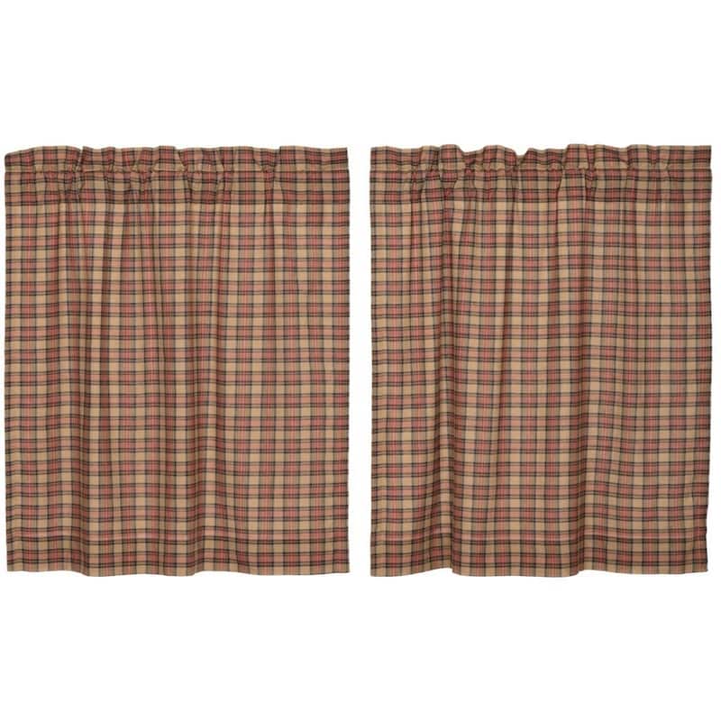 Tan Primitive Kitchen Curtains VHC Crosswoods Tier Pair Rod Pocket Cotton Plaid