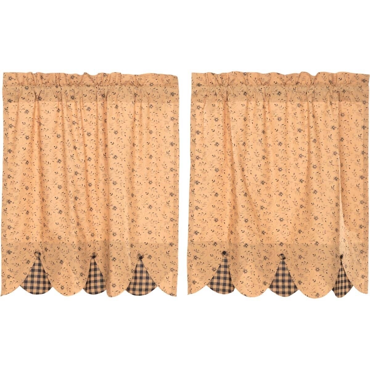 VHC Brands Primitive 24x36 Tan Tier Pair Kitchen Curtains - Rod Pocket, Floral