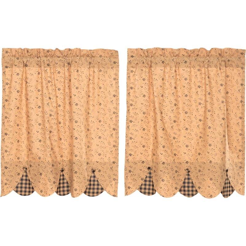Tan Primitive Kitchen Curtains VHC Maisie Tier Pair Rod Pocket Cotton Floral - Flower Buttons