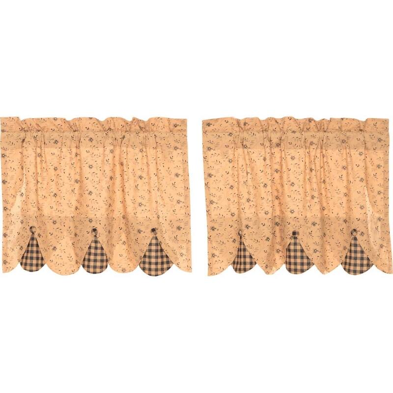 Tan Primitive Kitchen Curtains VHC Maisie Tier Pair Rod Pocket Cotton Floral - Flower Buttons