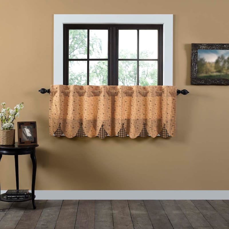 Tan Primitive Kitchen Curtains VHC Maisie Tier Pair Rod Pocket Cotton Floral - Flower Buttons - 24x36