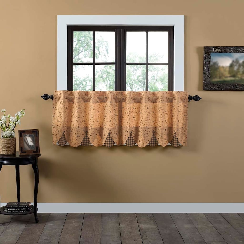 Tan Primitive Kitchen Curtains VHC Maisie Tier Pair Rod Pocket Cotton Floral - Flower Buttons
