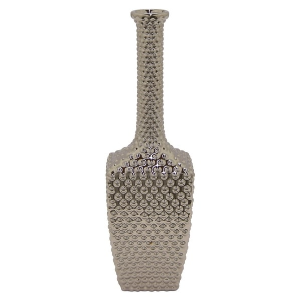 Three Hands Textured Silver Ceramic Vase With Glossy Finish