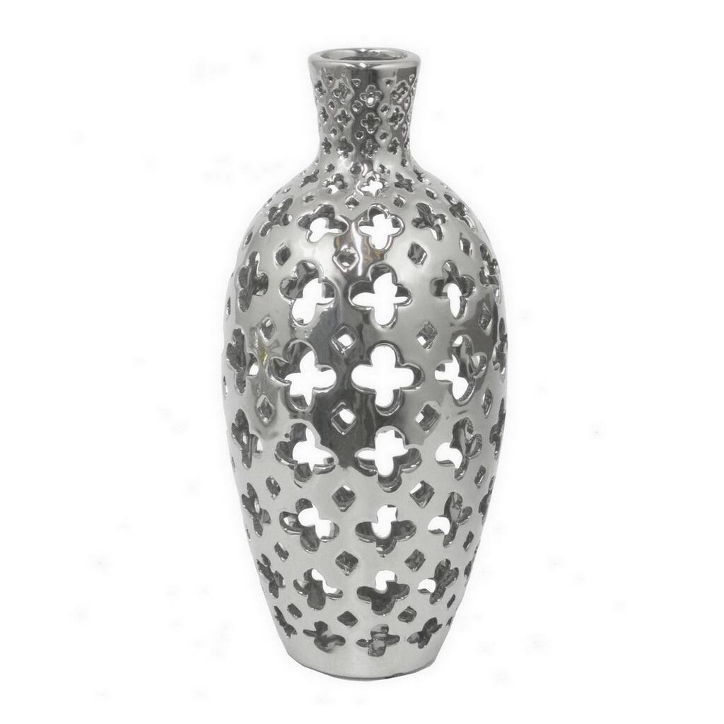 Three Hands Pierced Silver Ceramic Vase With Glossy Finish