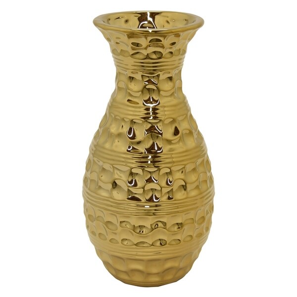 Three Hands Textured Gold Ceramic Vase With Glossy Finish