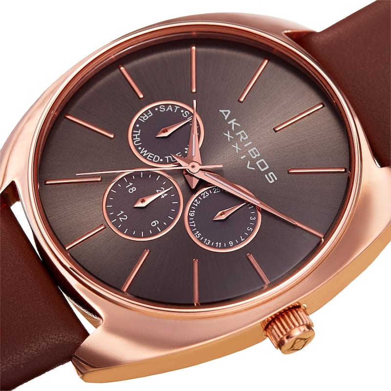 Akribos XXIV Men's Multifunction Classic Quartz Rose-Tone Brown Strap Watch