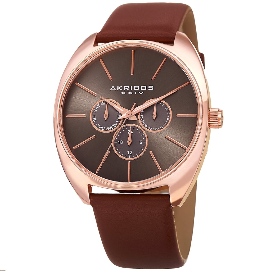 Akribos XXIV Men's Multifunction Classic Quartz Rose-Tone Brown Strap Watch