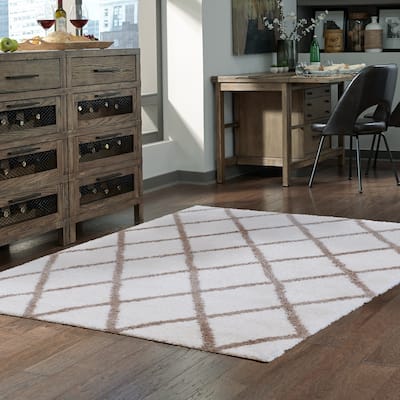 Gertmenian Thera Diam Modern Diamond Tile Ivory/Beige Plush Shag Area Rug