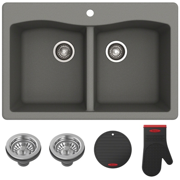 Kraus KGD-52 Forteza 33-in Undermount Drop-in Dual Mount 50/50 2-Bowl Granite Kitchen Sink, Strainers, Mitt, Trivet