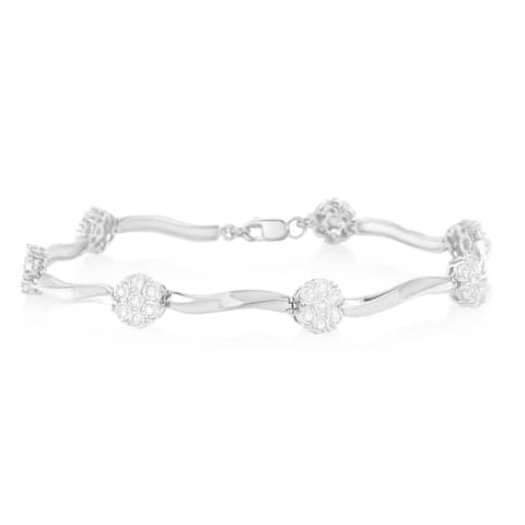 .925 Sterling Silver 1.0 cttw Miracle-Set Diamond 7 Stone Floral Cluster Link Bracelet (I-J Color, I3 Clarity) -7"