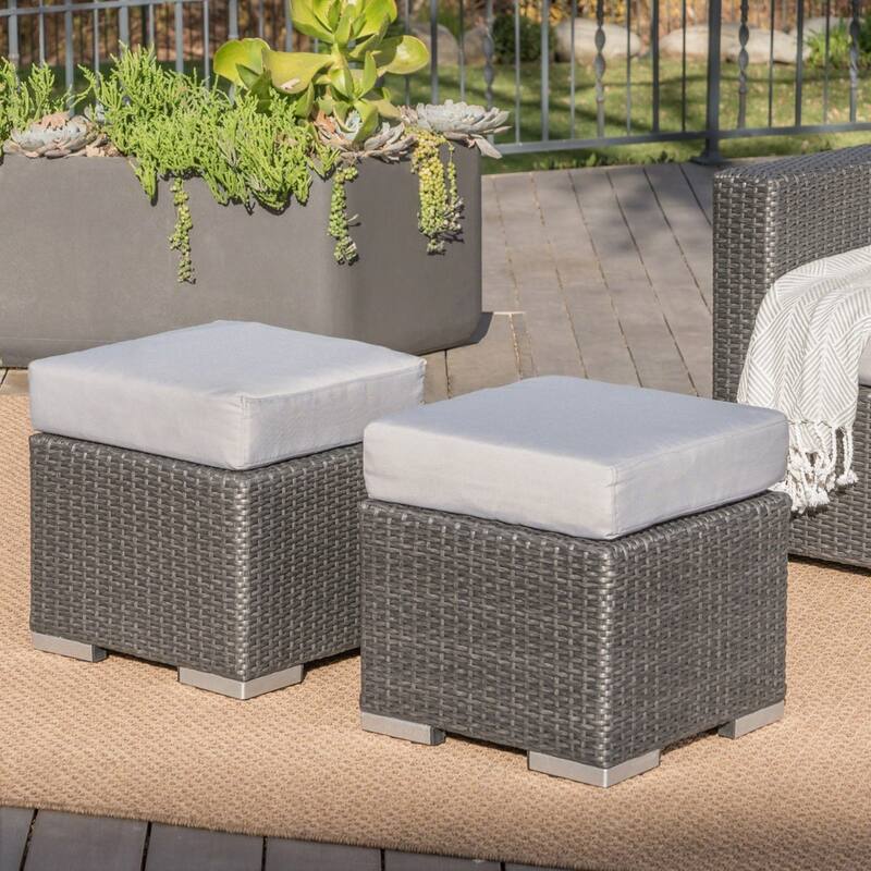 Santa Rosa Outdoor 16-inch Square Wicker Ottoman with Cushion (Set of 2) by Christopher Knight Home