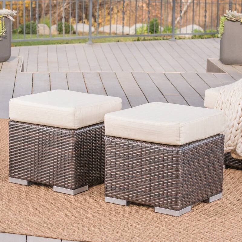 Santa Rosa Outdoor 16-inch Square Wicker Ottoman with Cushion (Set of 2) by Christopher Knight Home