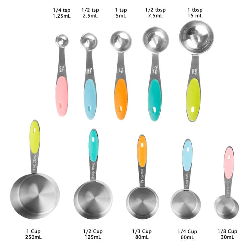 Classic Cuisine 10-Piece Measuring Cups and Spoons Set – Stainless-Steel with Colored Silicone Handles and Metal Ring Hanger