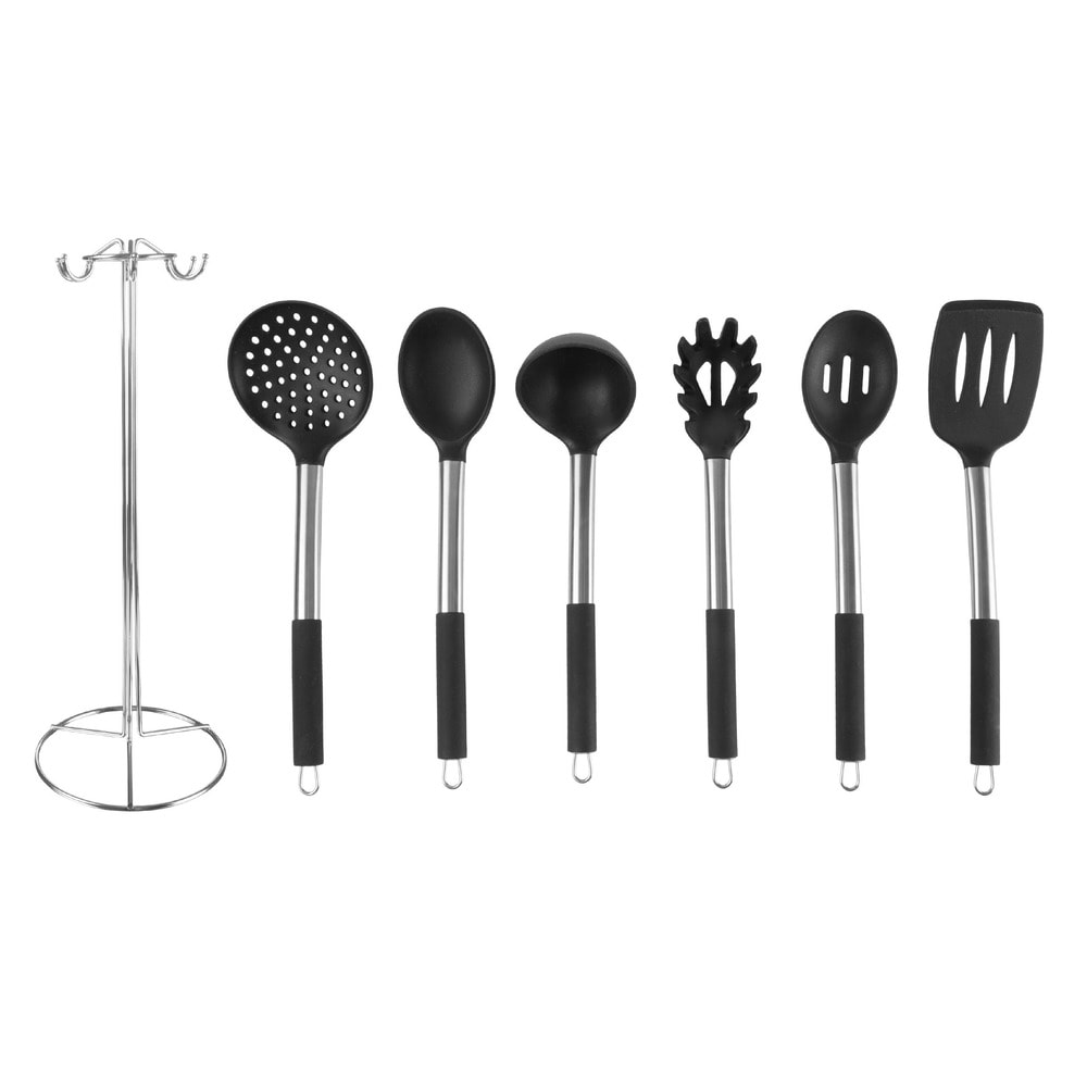 7-Piece Cooking Utensils Set - Stainless-Steel and Silicone Kitchen Tools  and Holder by Classic Cuisine (Silver) - On Sale - Bed Bath & Beyond -  19502727