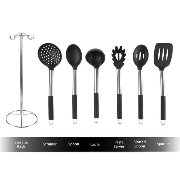 7-Piece Cooking Utensils Set - Stainless-Steel and Silicone Kitchen Tools  and Holder by Classic Cuisine (Silver) - On Sale - Bed Bath & Beyond -  19502727