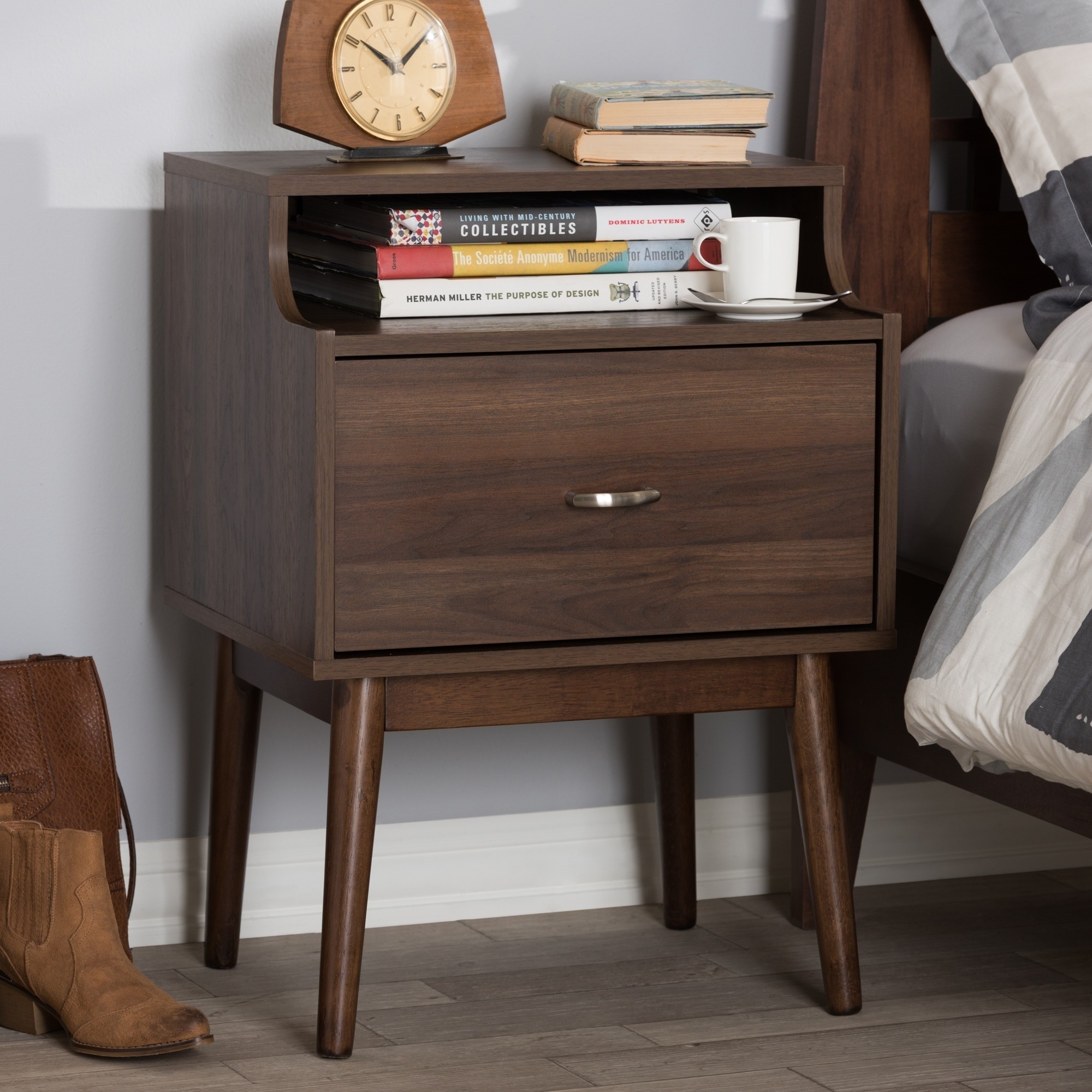 Mid Century Brown 1 Drawer Nightstand by Baxton Studio On Sale