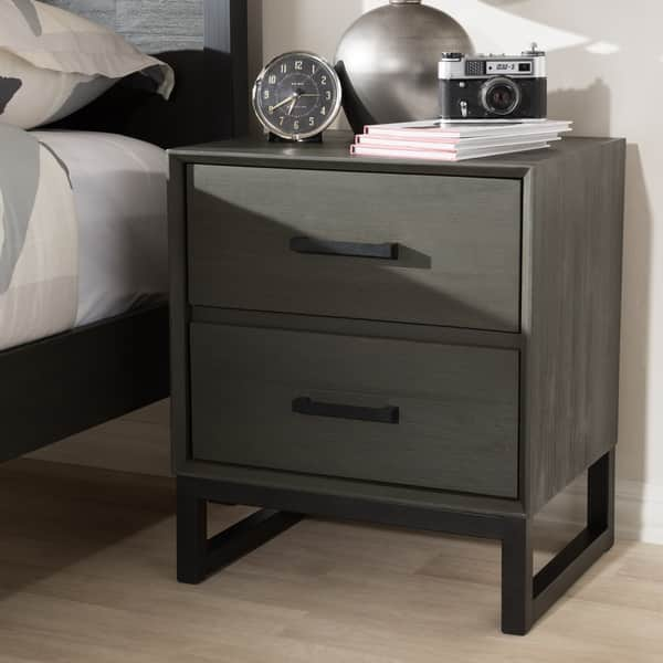 Shop Rustic Grey Wood And Black Metal 2 Drawer Nightstand By Baxton Studio Overstock 19503090