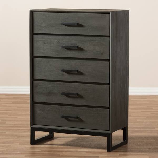 Shop Rustic Grey Wood And Black Metal 5 Drawer Chest By Baxton