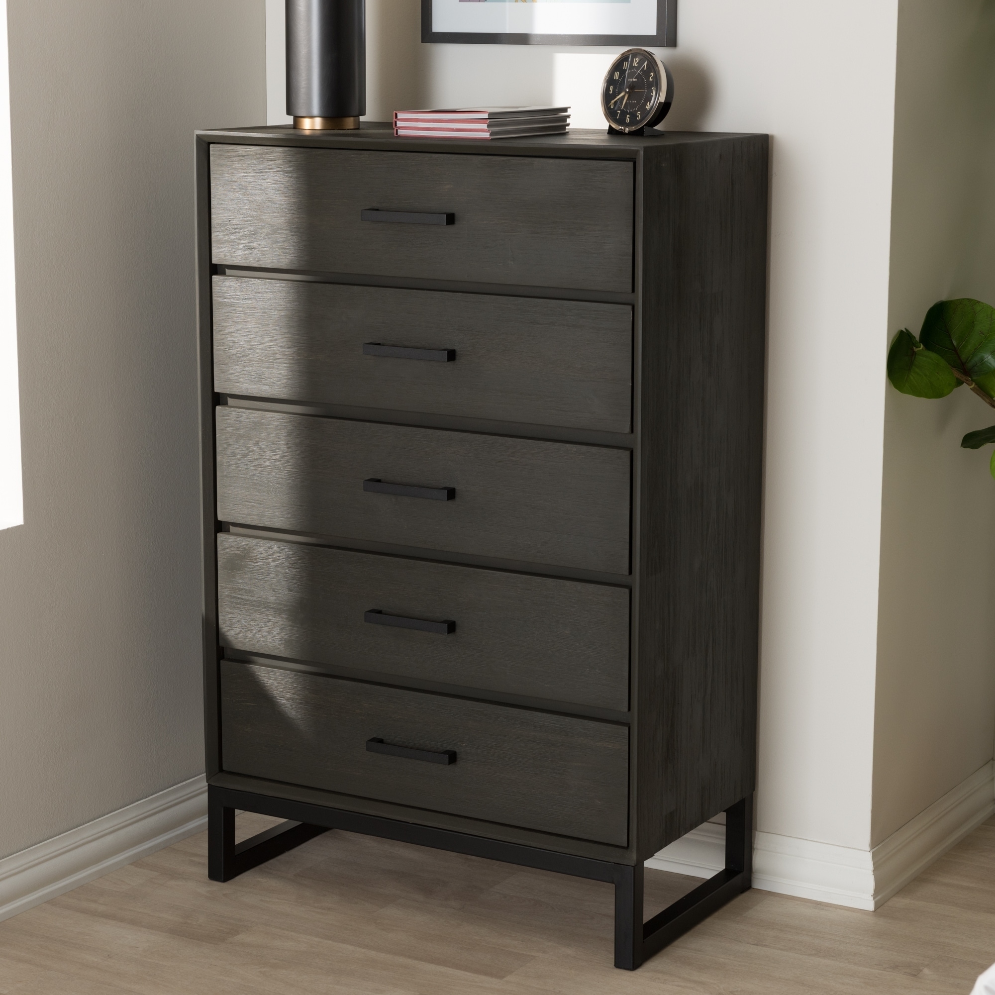 Shop Rustic Grey Wood And Black Metal 5 Drawer Chest By Baxton