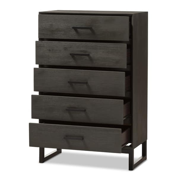 Shop Rustic Grey Wood And Black Metal 5 Drawer Chest By Baxton