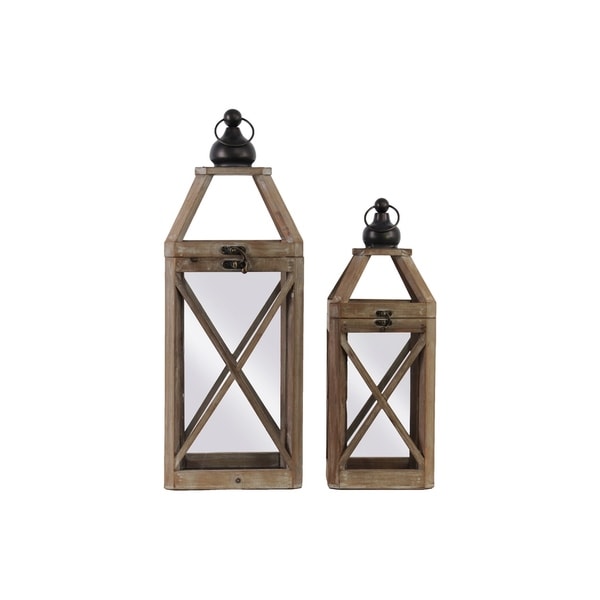 Urban Trends Wood Square Lantern with Ring Handle and Cross Design Body in Natural Finish, Set of 2 - Brown