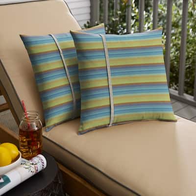 Sorra Home Sunbrella Astoria Lagoon Stripe and Cast Silver Small Flange Indoor/ Outdoor Square Pillow, Set of 2