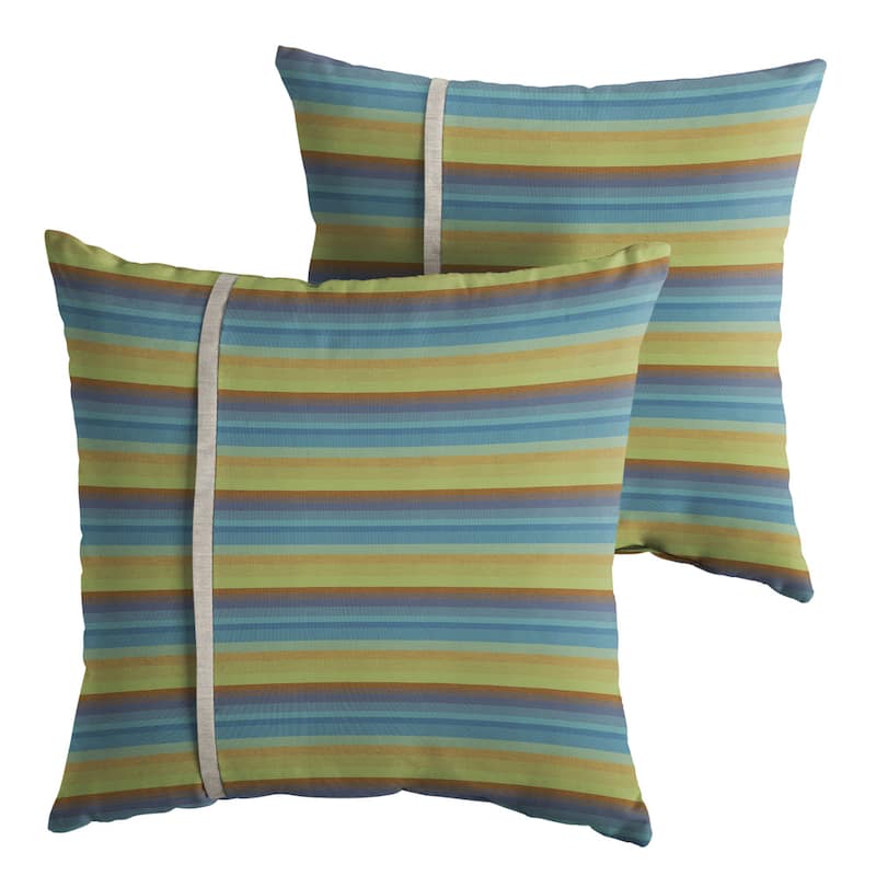 Sorra Home Sunbrella Astoria Lagoon Stripe and Cast Silver Small Flange Indoor/ Outdoor Square Pillow, Set of 2