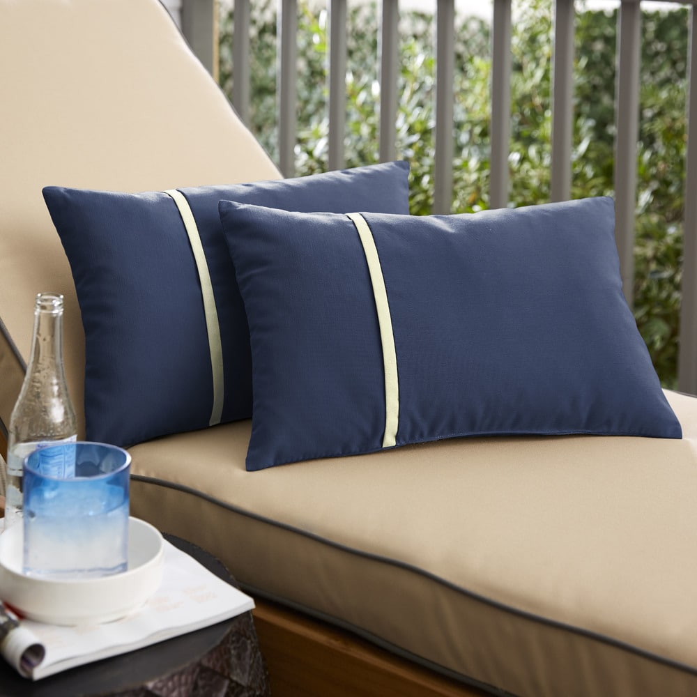 Sunbrella Canvas Navy with Natural Piping Detail Indoor/Outdoor Lumbar Pillow (Set of 2)