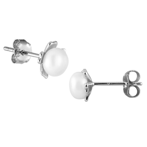 Sterling Silver Flower Shaped Earrings With On Sterling Silver Flower Shaped Earrings With On Pearls In The Center White