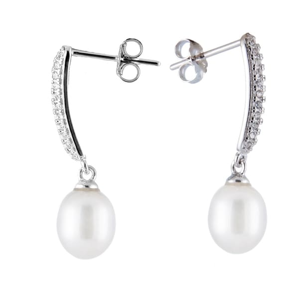 Sterling Silver Bar Earrings With Dangling Pearl White On Sterling Silver Bar Earrings With Dangling Pearl White