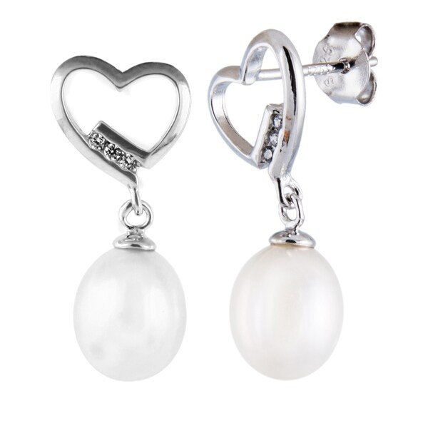 Heart Shaped Sterling Silver Earrings With Cubic Zirconia And Heart Shaped Sterling Silver Earrings With Cubic Zirconia And Dangling Pearl White