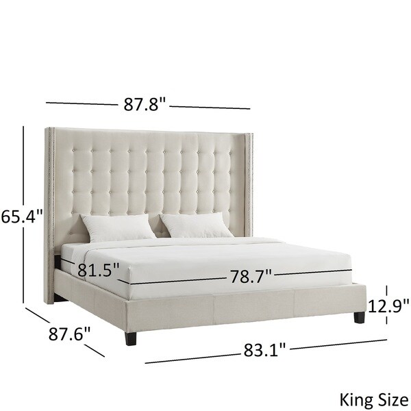 PRI Nailhead Upholstered King Bed in Cream White 