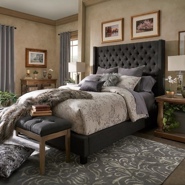 slide 2 of 17, Naples Wingback Button Tufted Tall Headboard Platform Bed by iNSPIRE Q Artisan Dark Grey Linen - King