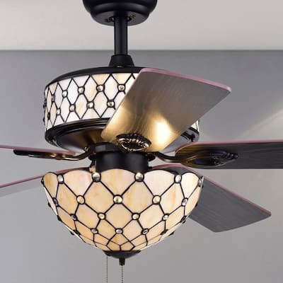Tohva 6-Light Ivory Tiffany 5-Blade 52-Inch Matte Black Ceiling Fan (2 Color Option Blades)