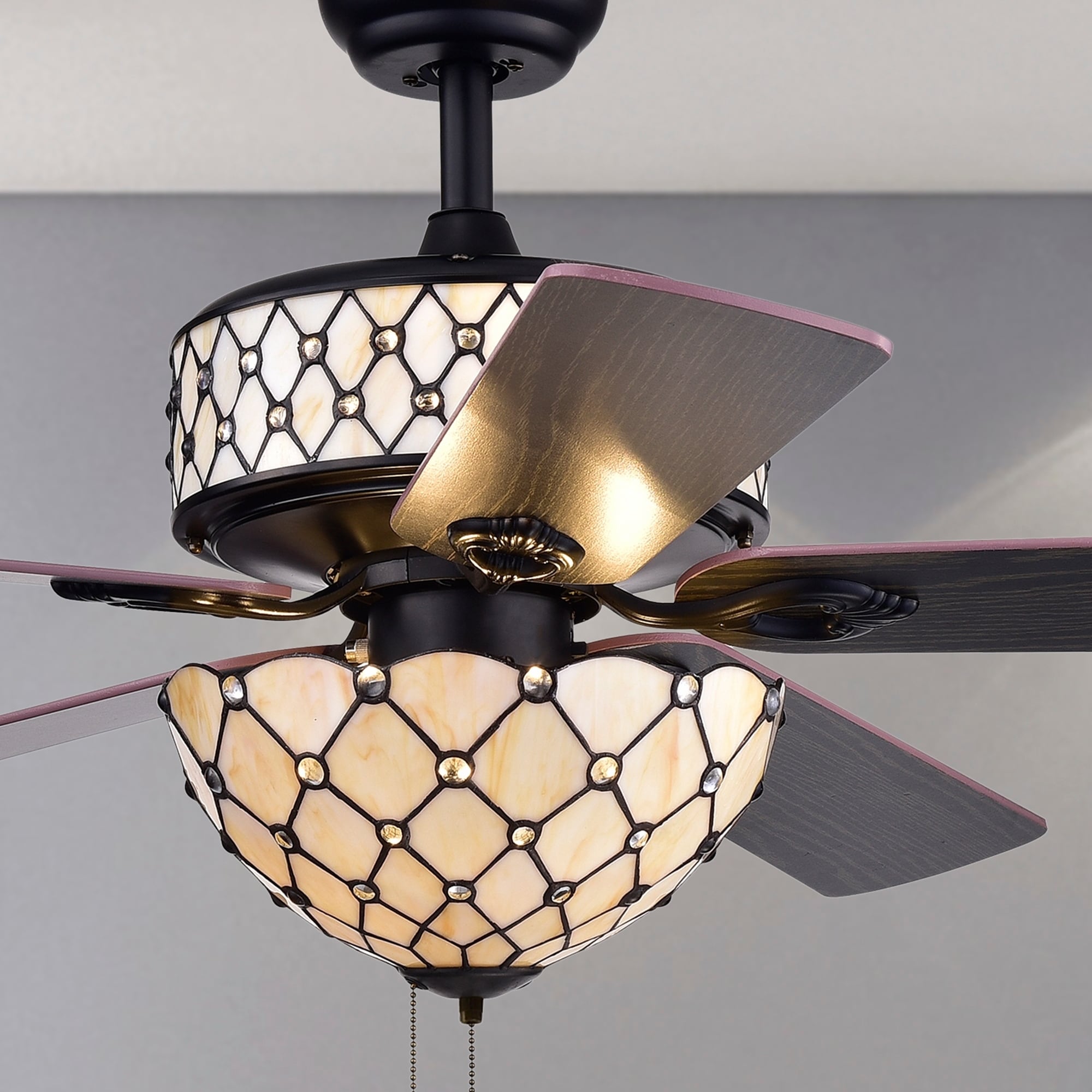 Warehouse of Tiffany Tohva 6-Light Ivory Tiffany 5-Blade 52-Inch Matte Black Ceiling Fan (2 Color Option Blades)