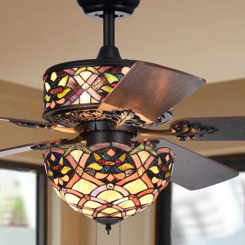 Kalsti 6-Light Lily Tiffany 5-Blade 52-Inch Matte Black Ceiling Fan