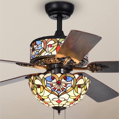 Ransoe 6-Light Blue Heart Tiffany 5-Blade 52-Inch Matte Black Ceiling Fan