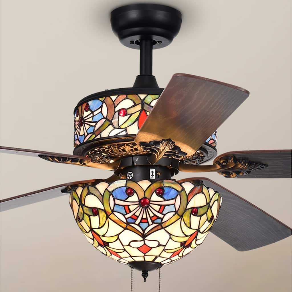 Ransoe 6-Light Blue Heart Tiffany 5-Blade 52-Inch Matte Black Ceiling Fan